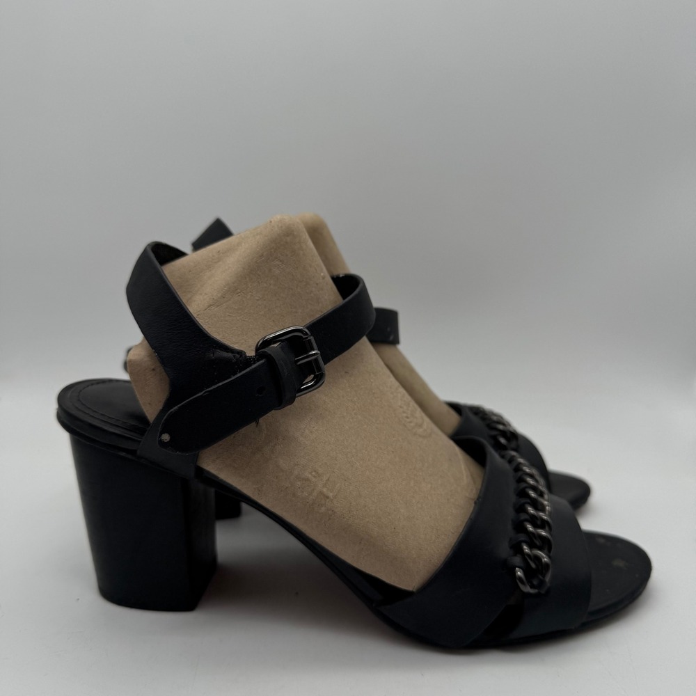 Coach Phoebe Women's Heeled Sandals Black Leather W/Black Chain Block Heel 6 - Picture 1 of 7